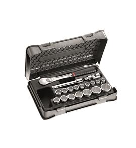 Ključevi nasadni 10-32 mm sa pihvatom i nastavcima i reverzibilnom zalivenom ručicom sa 72 zuba u garnituri 19/1 605 1/2” B USAG